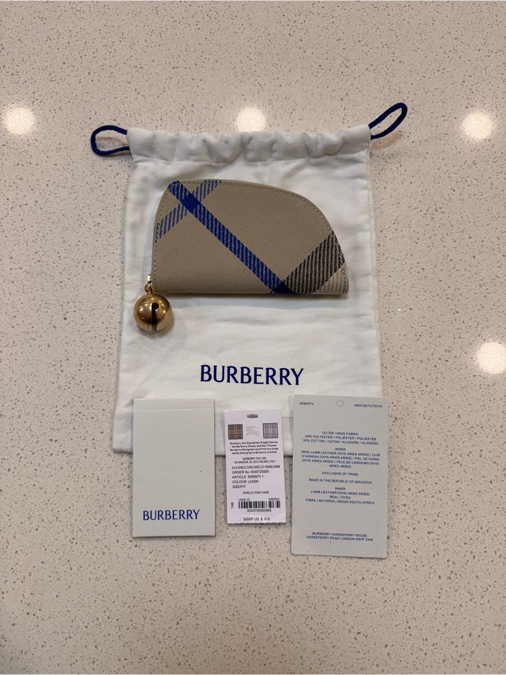Burberry Beige Coin Pouch/Card Holder with Blue and Black Stripe and Gold Bell